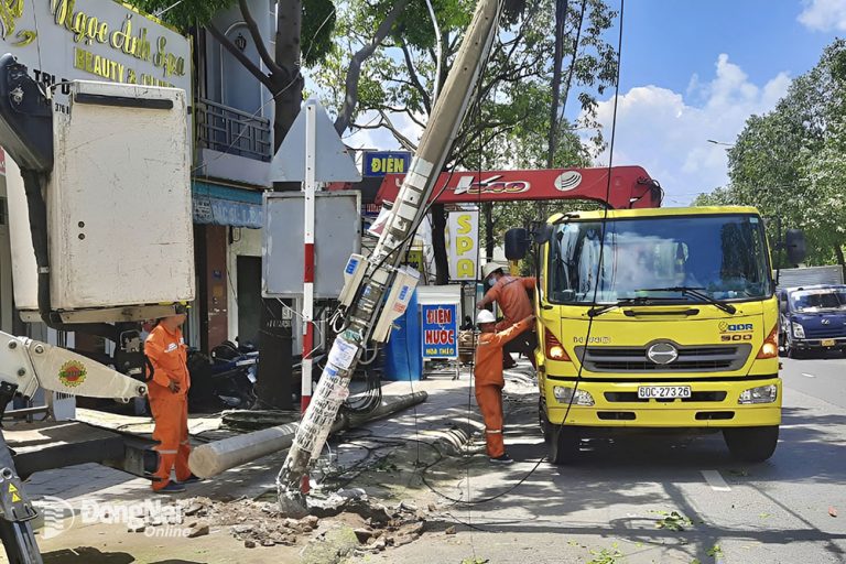 Điện lực Biên Hòa 2 thay mới trụ điện bị cây xanh đè gãy Ảnh: CTV