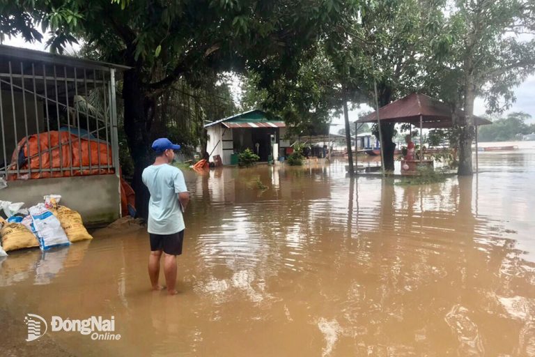 Khu dân cư ven sông tại xã Thanh Sơn (H.Định Quán) bị ngập trong đợt lũ. Ảnh: Văn Tuấn