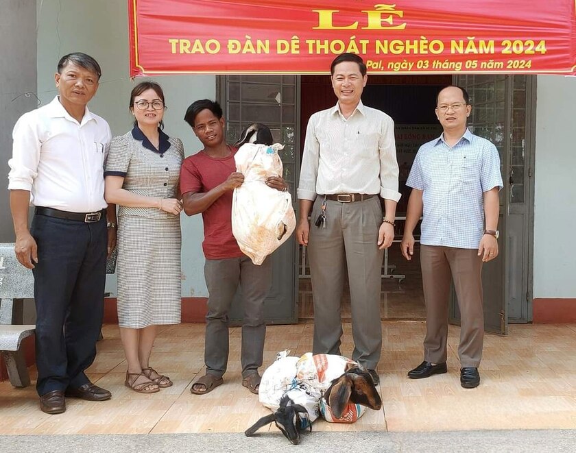 Tặng “Đàn dê thoát nghèo” cho hội viên nông dân Siu Ven tại làng Ia Pết, xã Ia Pal. Ảnh: K.P