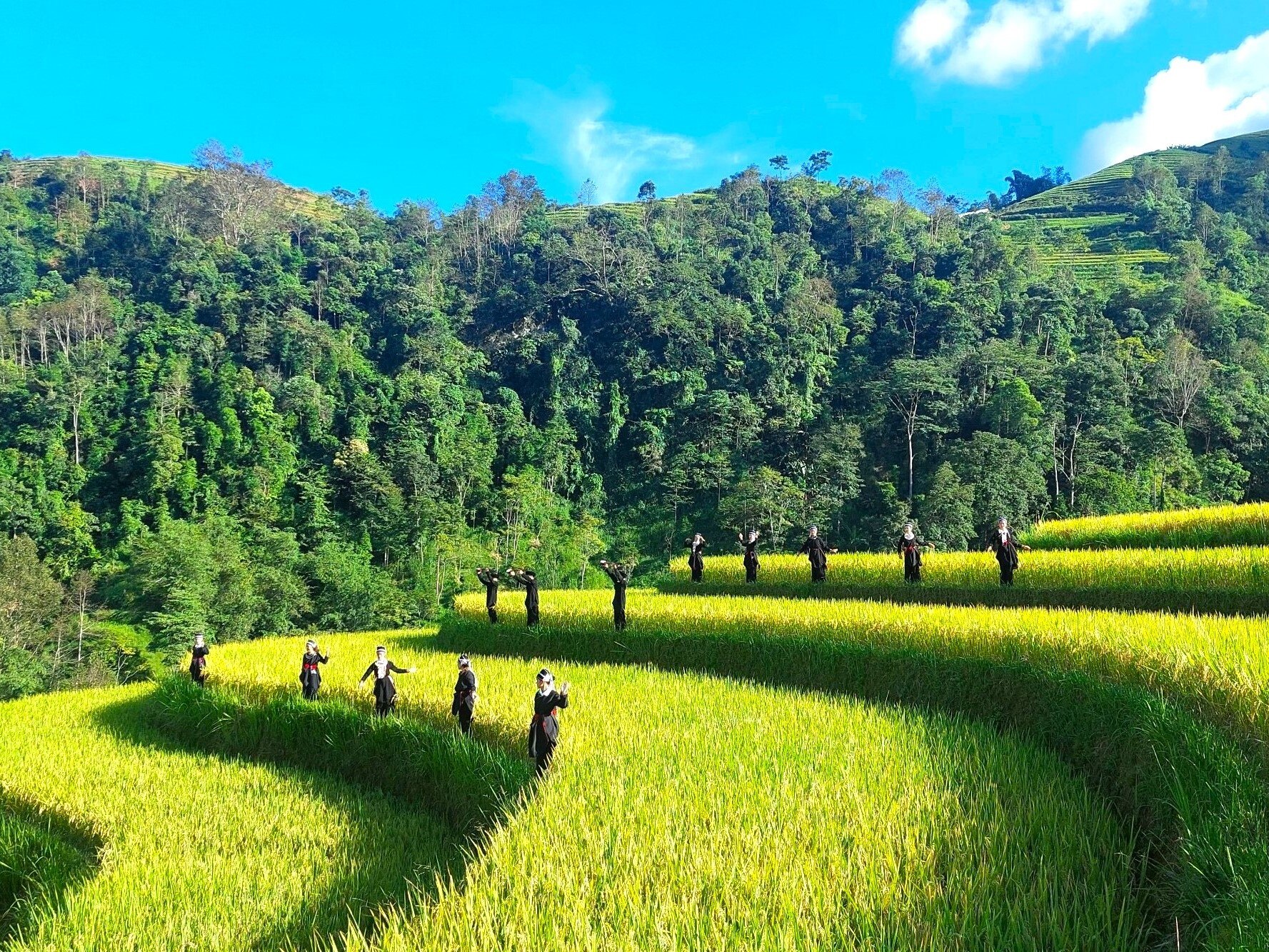 Biểu diễn văn nghệ dân gian dân tộc Dao áo dài trên những thửa ruộng bậc thang.