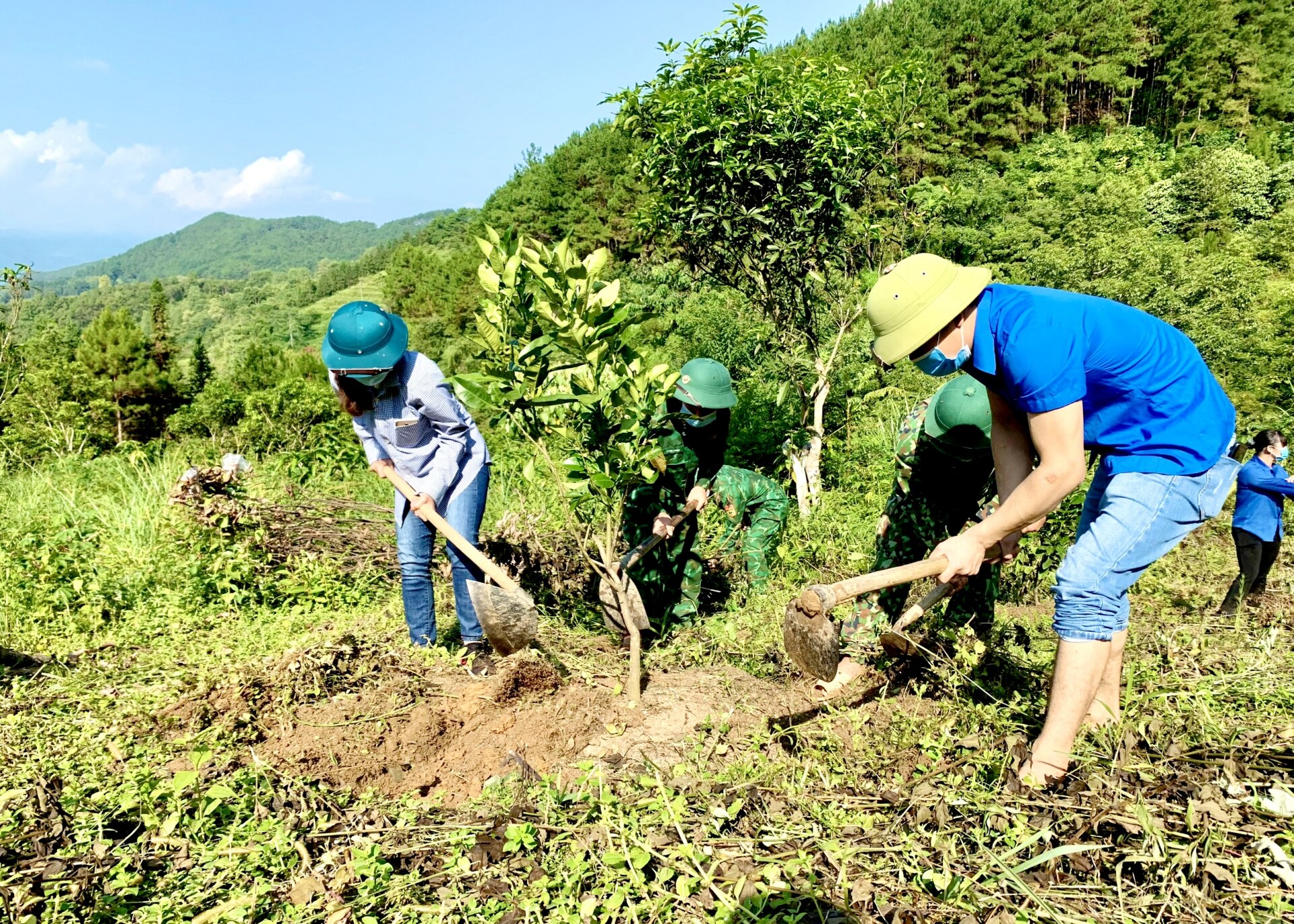 Cán bộ, đảng viên và lực lượng vũ trang xã Bạch Đích giúp người dân cải tạo vườn tạp.