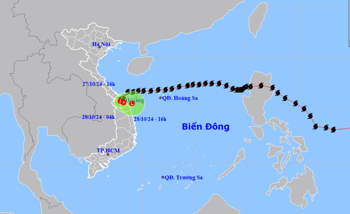 Chiều nay 27/10, bão Trami suy yếu thành ATNĐ. (Nguồn: NCHMF)