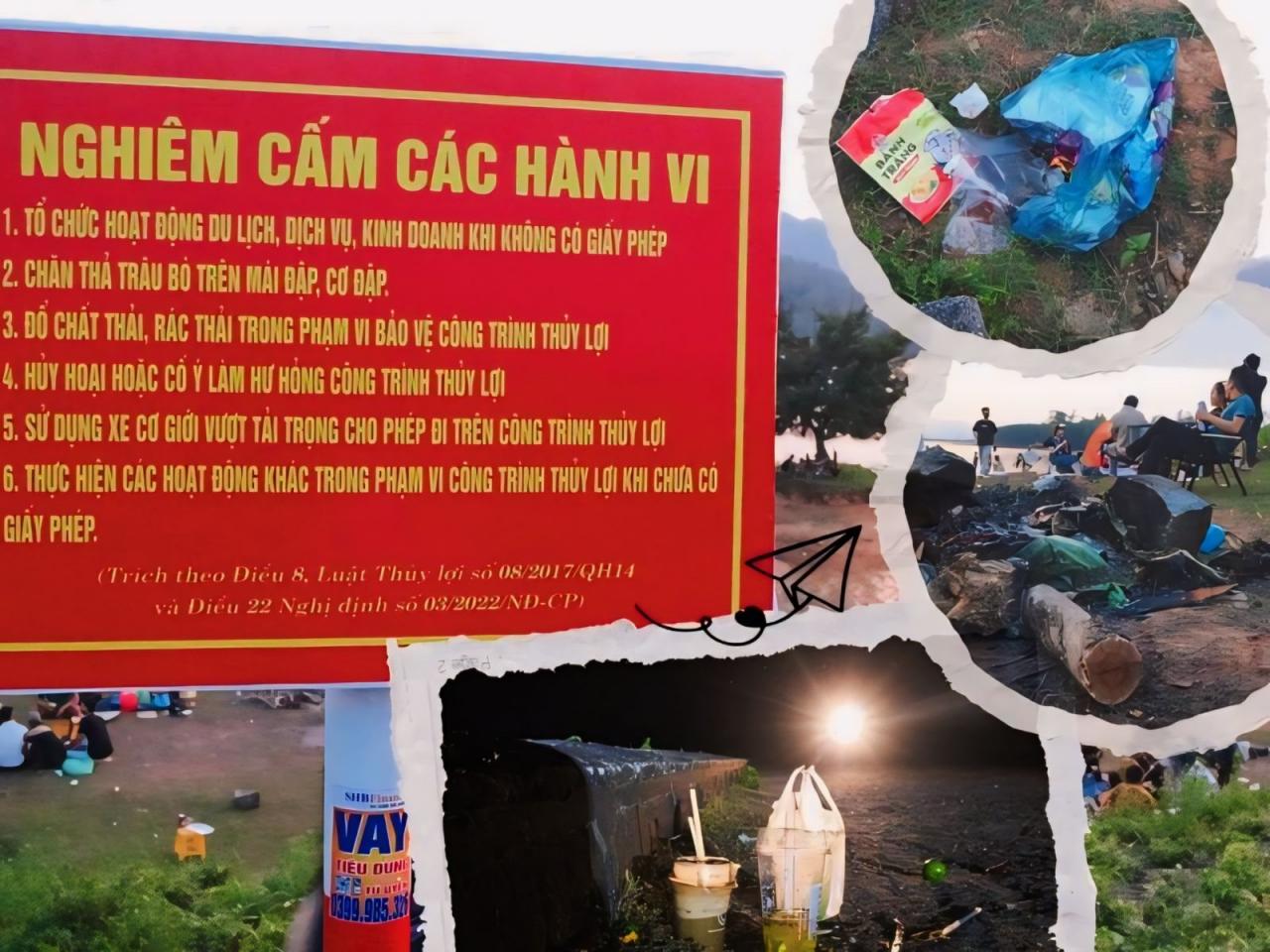 Rác thải tràn lan quanh hồ dẫu biển cấm sừng sững ngay đó! Ảnh: THÚY HIỀN.