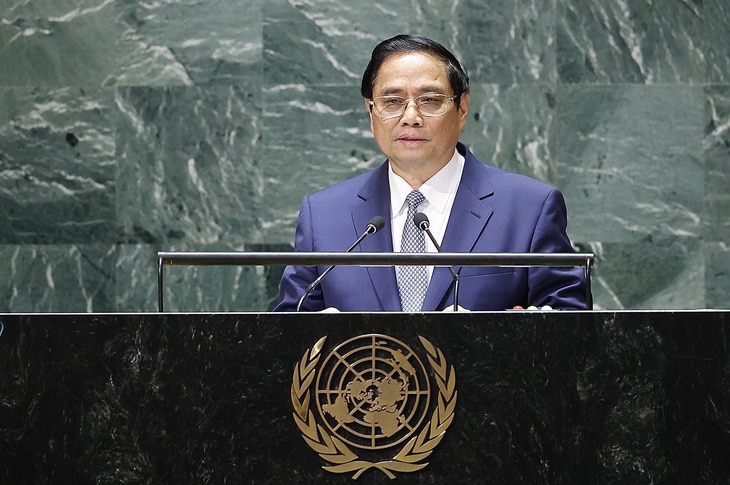 Thủ tướng Phạm Minh Chính phát biểu tại Đại hội đồng Liên Hiệp Quốc - Ảnh: TTXVN